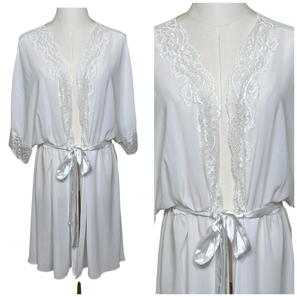 Vintage Cinema Etoile Seductivewear Robe XL White‎ Lace Trim Sheer Belted Bridal